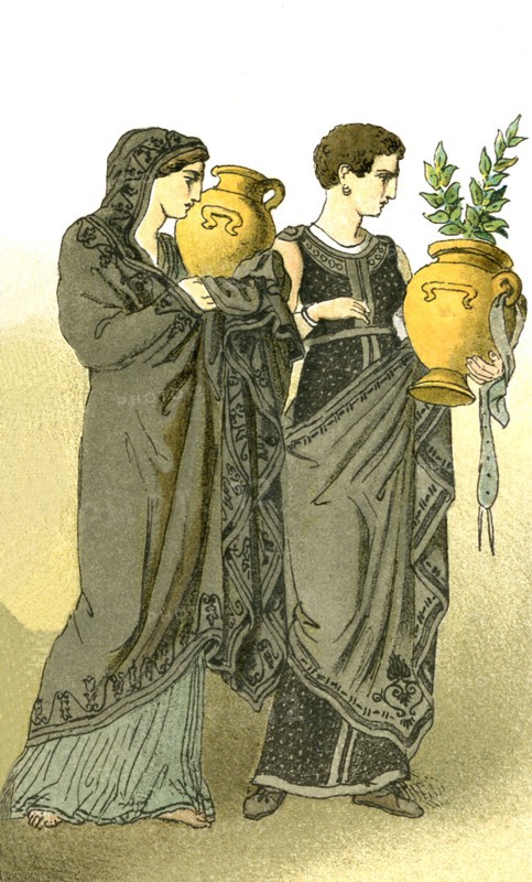 The figures represent two ancient Greek women in mourning. Greek women, by custom, kept their hair long, but cut it close when in mourning, as shown here. Their dark clothes also signify that they are in mourning. They are carrying amphorae.