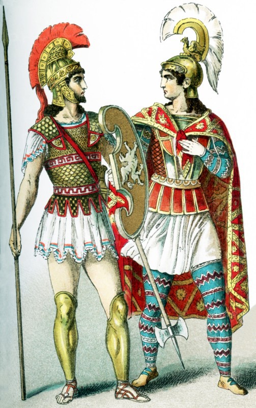 This illustration shows two warriors who lived in Asia Minor at the time the Roman Empire ruled the area. They represent: a Roman warrior (left) and a warrior from Asia Minor. The illustration dates to 1882.