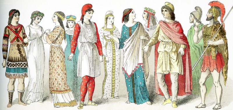 The figures in this illustration, which dates to 1882, represent people living in Asia Minor (present-day Turkey) in ancient times. They are, from left to right: a man, two women from earlier times, a woman, a man, three women, two men, a warrior.