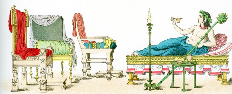 The illustration here shows ancient Greek artifacts. They are from left to right: three chairs and a couch with table and candelabrum. The illustration dates to 1882.