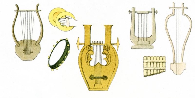 The illustration here shows ancient Greek musical instruments, inclding lyres, cymbals, a tambourine, and pan pipes. The illustration dates to 1882.