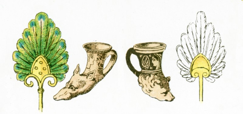 The illustration here shows ancient Greek artifacts. They are from left to right: a fan, two drinking horns, and a fan. The illustration dates to 1882.