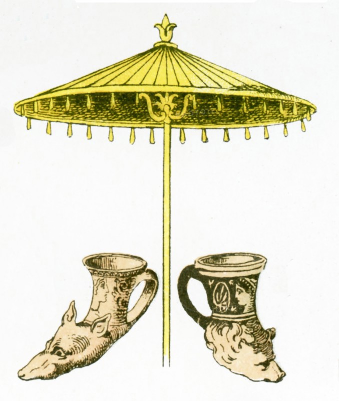 The illustration here shows ancient Greek artifacts. They are two rhytons and one parasol.The illustration dates to 1882.