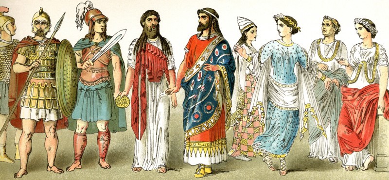 The Etruscan civilization flourished in Etruria, in northern Italy, until the rise of Rome. TheEtruscan figures depicted here represent, form left to right: three warriors, a priest, a king, two women of the upper class, a nobleman, and a woman of the upper class.
