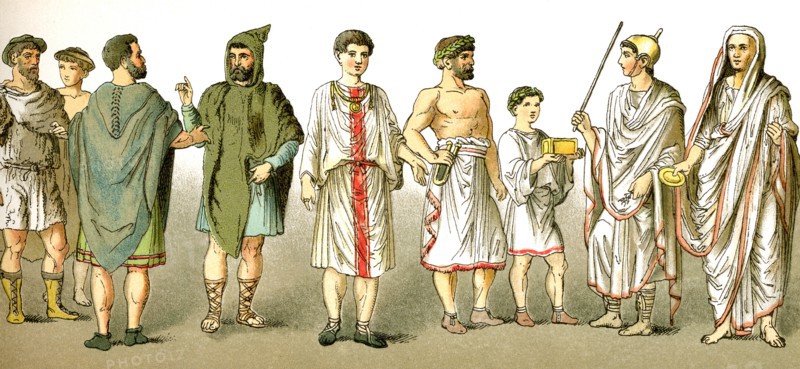 The figures represent ancient Roman men and boys, from left to right: two peasants, two Romans in travel outfits, a nobleman, two asistants at sacrifices, a priest of Jupiter, and a high priest (Pontifex Maximus).