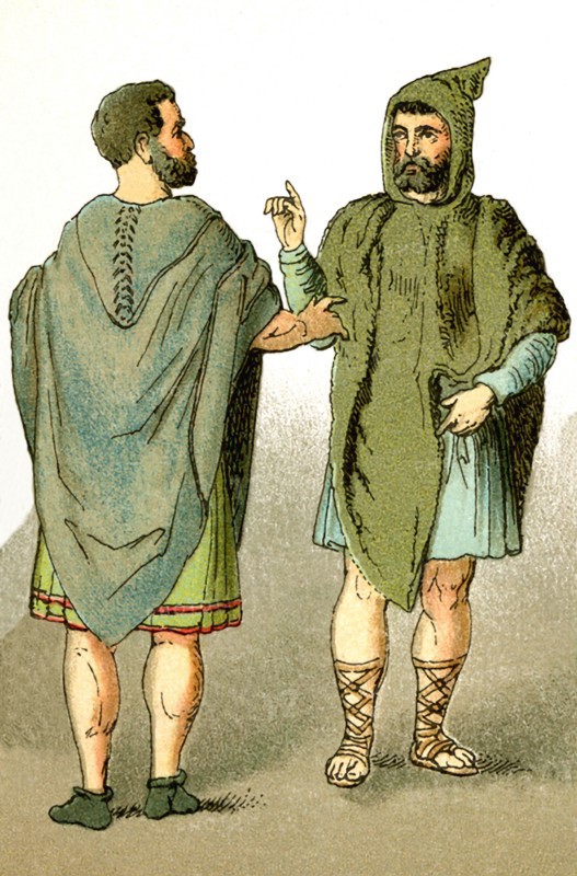 The figures represent two ancient Romans in travel outfits. Th ei llustration dates to 1882.