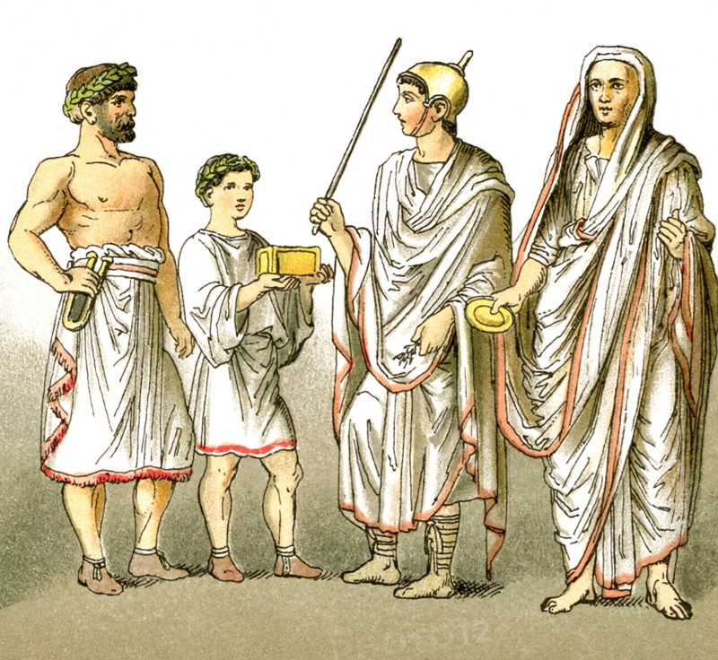 The figures represent ancient Roman men and boys, from left to right: two assistants at sacrifices, a priest of Jupiter, and a high priest (Pontifex Maximus).