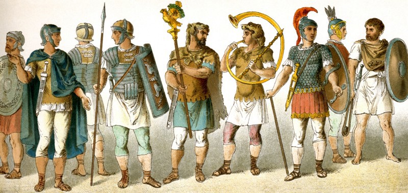 The figures represent ancient Roman military personnel, from left to right: four soldiers, standard bearer, horn-blower, chieftain, soldier, and slinger.