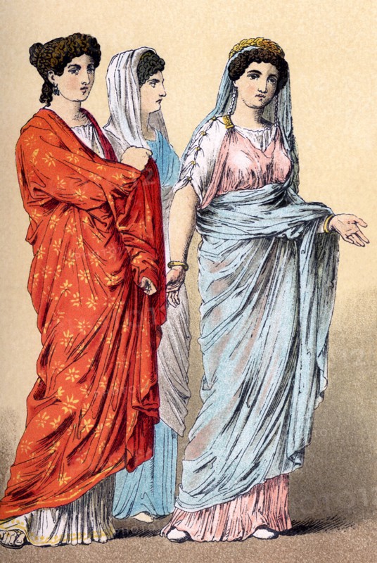 Dress of Roman women in late Republican and Imperial times (around 100 B.C. to A.D. 100). Note the hairstyles.
