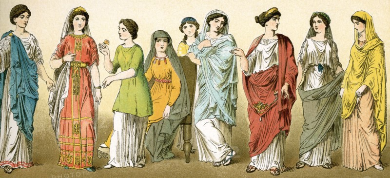 Dress of Roman women in late Republican and Imperial times (around 100 B.C. to A.D. 100). Note the hairstyles.