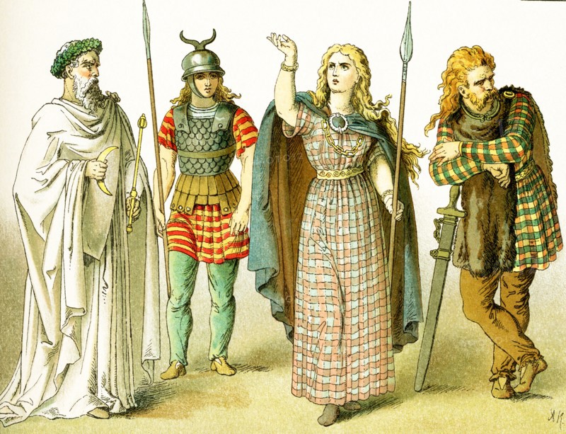 The figures in this illustration represent, from left to right: a Druid priest, a Gallic warrior, the British Queen Boudicea (also spelled Boudicca and Boudica and Boadicea), and another Gallic warrior. The illustration dates to 1882.