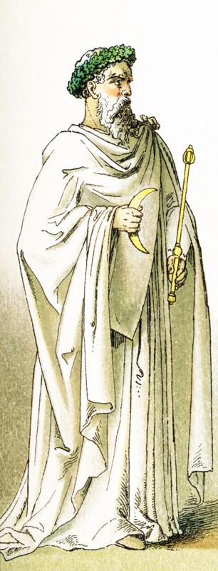 This illustration, dating to 1882, shows a Druid priest. Druids were an ancient Celtic order of priests and diviners. Julius Caesar mentions Druids when speaking of his conquest of Gaul in the 50s B.C. Another Roman author also mentioned Druids, and spoke of a Druidic ceremony in which a priest adorned in a white robe climed an oak tree and cut down a branch with mistletoe with a ""golden sickle."".