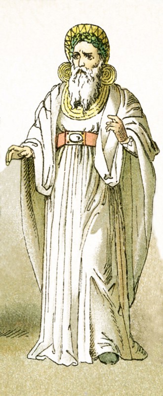 This illustration, dating to 1882, shows a Druid priest in a judge's garb. Druids were an ancient Celtic order of priests and diviners. Julius Caesar mentions Druids when speaking of his conquest of Gaul in the 50s B.C. Another Roman author also mentioned Druids, and spoke of a Druidic ceremony in which a priest adorned in a white robe climed an oak tree and cut down a branch with mistletoe with a ""golden sickle."".