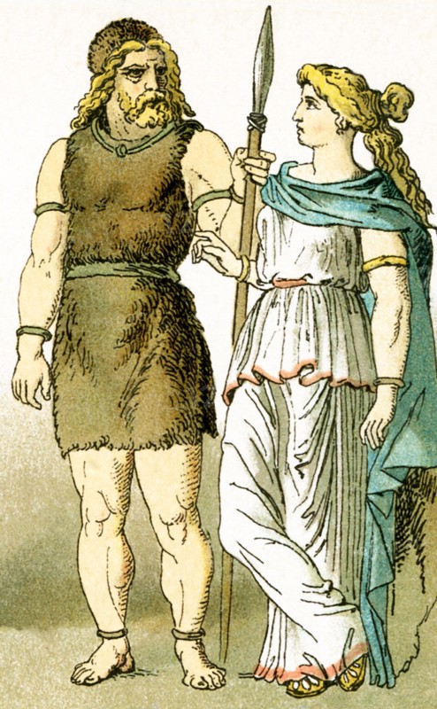 The German man and woman pictured here date to around the first century B.C. It was at the same, the 50s B.C. to be exact, that the Roman statesman and general Julius Caesar led his troops against the Gauls and the Germans. The illustration dates to 1882.