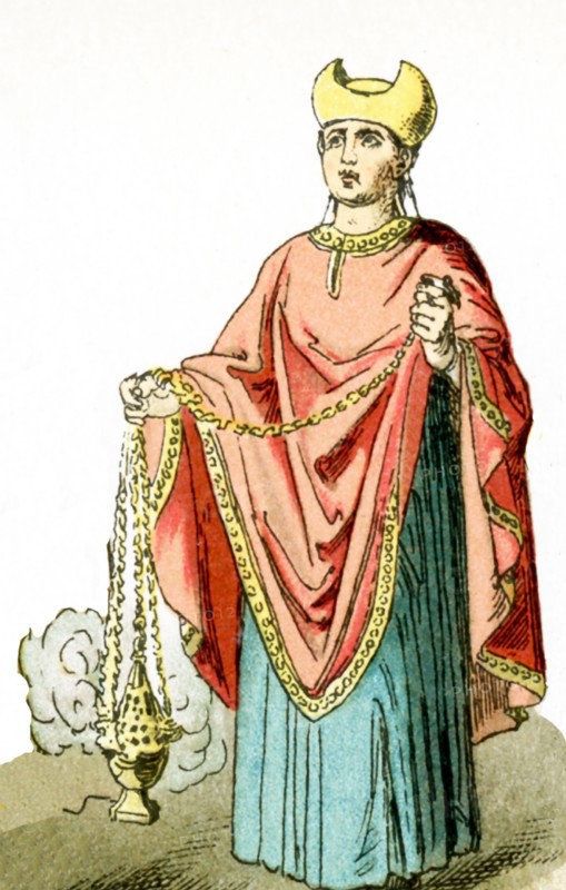 The figure represented here represents an ancient Roman Christian priest. The illustration dates to 1882.