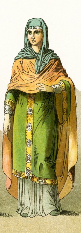 The term Anglo Saxons refers to Germanic peoples who lived in and ruled Britian from about A.D 500-1000. This illustration, dating to 1882, shows an Anglo-Saxon lady of rank in 850.