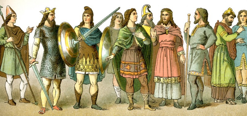Anglo_Saxon refers to the Germanic-speaking people who settled in England when Roman ruled there ended. These Anglo-Saxon figures represent, from left to right: warrior, king (A.D. 750), warrior, five men of rank, bishop (A.D. 1000), man of rank. .