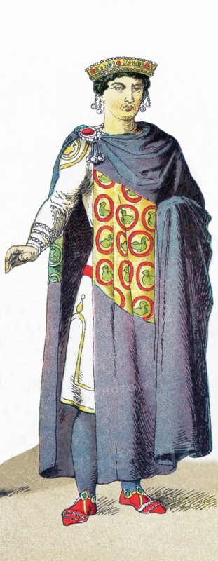 The figure represented here is the Emperor Justinian II in A.D. 711. Justinian II (669-711) was the last reigning Byzantine emperor. He abolished the office of consul. The Byzantine Empire was based in Constantinople (present-day Istanbul in Turkey). The illustration dates to 1882.
