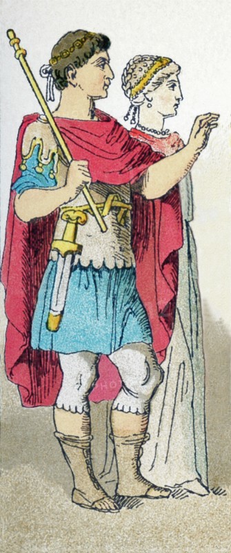 The figures represented here are two Byzantines Theodosius in 379 and his consort Aelia Flacilia. Theodosius I was chosen by the Emperor Gratian to rule the East as co-Augustus. He called the First Council of of Constantinople. His death left the Roman Empire permanently divided. The illustration dates to 1882. .