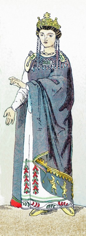 Theodora (died A.D. 548) was the wife of the Byzantine emperor Justinian. She suppressed the Nika sedition in 532 and determined many of her husbands religious policies. Justinian I (483-565) ruled as Byzantine emperor from 527 to 565. His reign was the rebirth of imperial greatness. His generals recovered Africa from the Vandals and Italy from the Ostrogoths. He had the church of the Hagia Sophia built. He called the Second Council of Constantinople in 553. The illustration dates to 1882. .