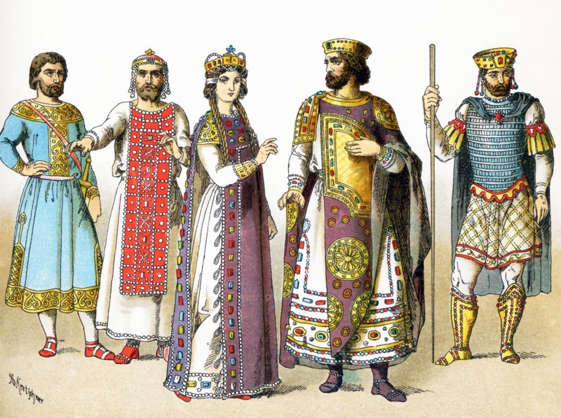 The illustration here highlights Byzantines between 800 and 1000 A.D. From left to right, they are: man of rank, Basileus in 886, Byzantine Empress, Byzantine Emperor, Basileus II in 1025 A.D. The illustration dates to 1882.