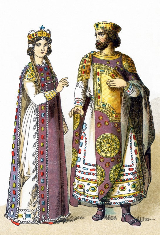 The illustration here highlights Byzantine royals between 800 and 1000 A.D. From left to right, they are a Byzantine Empress and a Byzantine Emperor. The illustration dates to 1882.