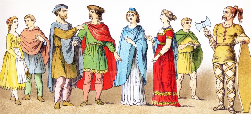 The figures pictured here are Franks from the years A.D. 400 to 600. They are, from left to right: two people of lower ranks, two citizens of position, two women of rank, a servant, and an armed Frank. Franks were members of the Germanic nation or coalition that conquered Gaul (present-day France) in the 6th century. .