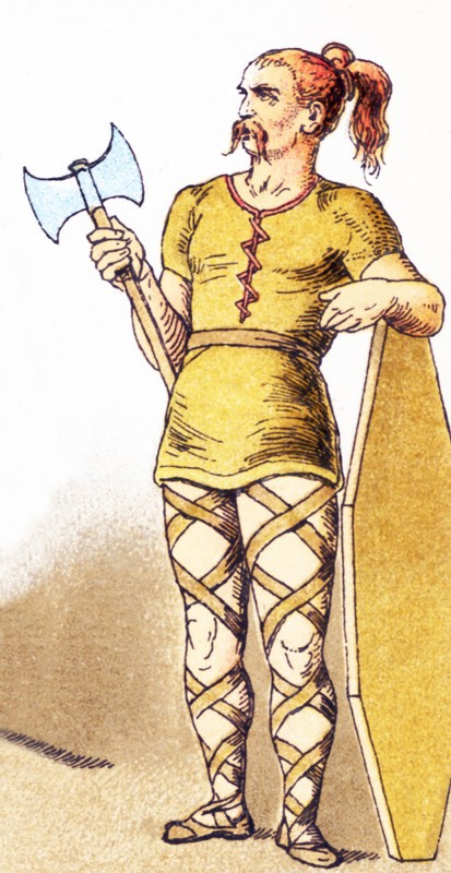 The figure pictured here is an armed Frankish warrior between the years A.D. 400 to 600. Franks were members of the Germanic nation or coalition that conquered Gaul (present-day France) in the 6th century. .