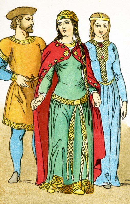 The figures pictured here are Franks from the years A.D. 700 to 800. They are, from left to right: a man of rank, a princess, and a woman of rank. Franks were members of the Germanic nation or coalition that conquered Gaul (present-day France) in the 6th century.