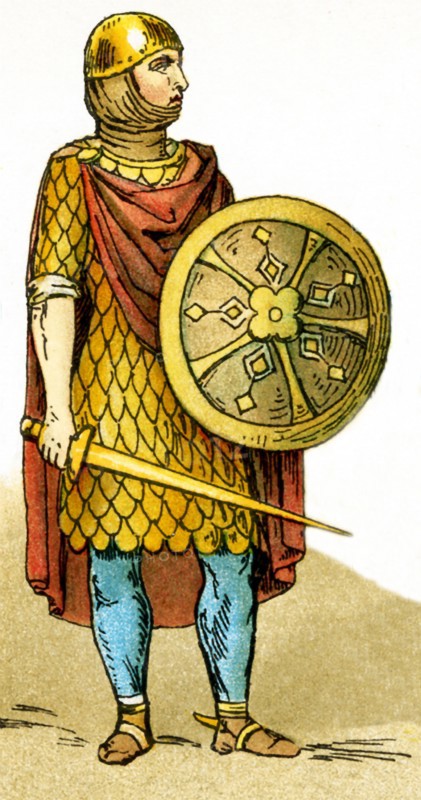 The figure pictured here is a Frank warrior from the years A.D. 700 to 800. Franks were members of the Germanic nation or coalition that conquered Gaul (present-day France) in the 6th century.