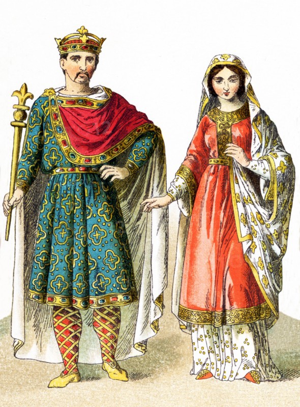 The figures here are Franks in A.D. 800. Franks were members of the Germanic nation or coalition that conquered Gaul (present-day France) in the 6th century. Represented here, from left to right are: Charles the Bald (Holy Roman Emperor 875-877 and king of West Francia 840-877) and a woman of rank. The illustration dates to 1882. .