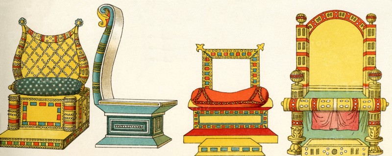 The thrones used by Christian royalty in Europe in the Middle Ages were of various shapes and sizes, and often decorated with various colors and inlaid stones and gems. The throne, second left, depicts the one used by Charles the Bald (823-877), who was king of France and ruler of the Holy Roman Empire.