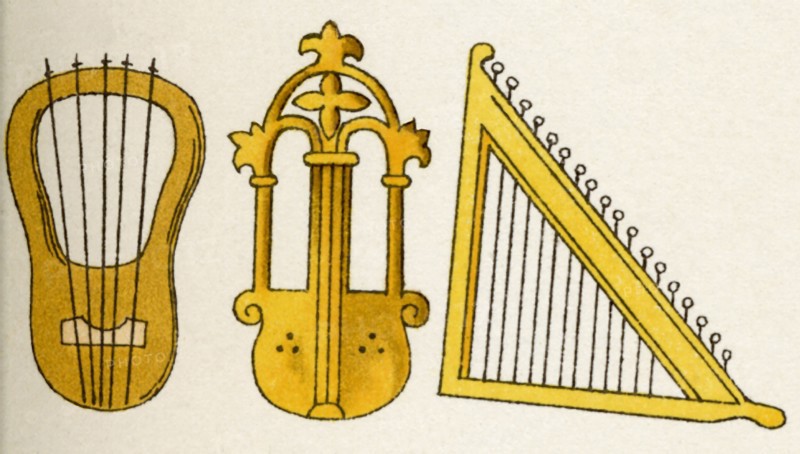 The lyre and harp were musical instruments commonly used to accompany Christian services in the Middle Ages. The illustrations show two lyres (left and middle) and a harp. The lyre at left dates to the 7th century; the other two instruments to the 9th century.