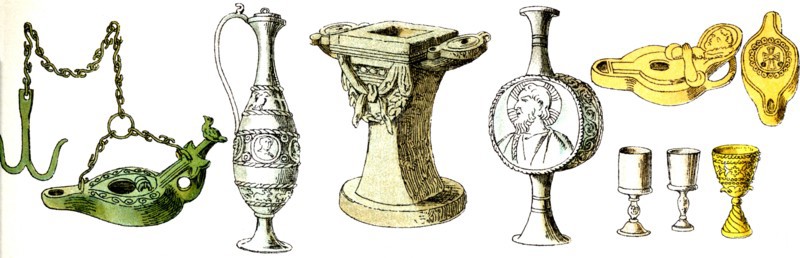 The Christian vessels pictured here date to the Middle Ages and are, from left to right: lamp, container for water and other liquids, baptismal font, another liquid container, two ceramic lamps (top), cups used by priests saying Mass.