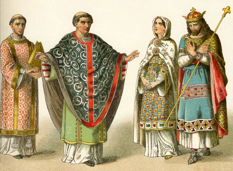 The costumes depicted here represent the garb worn around A.D. 900 by upper classes in France. From left to right, they are: a deacon, a bishop, a woman of rank, and a king.