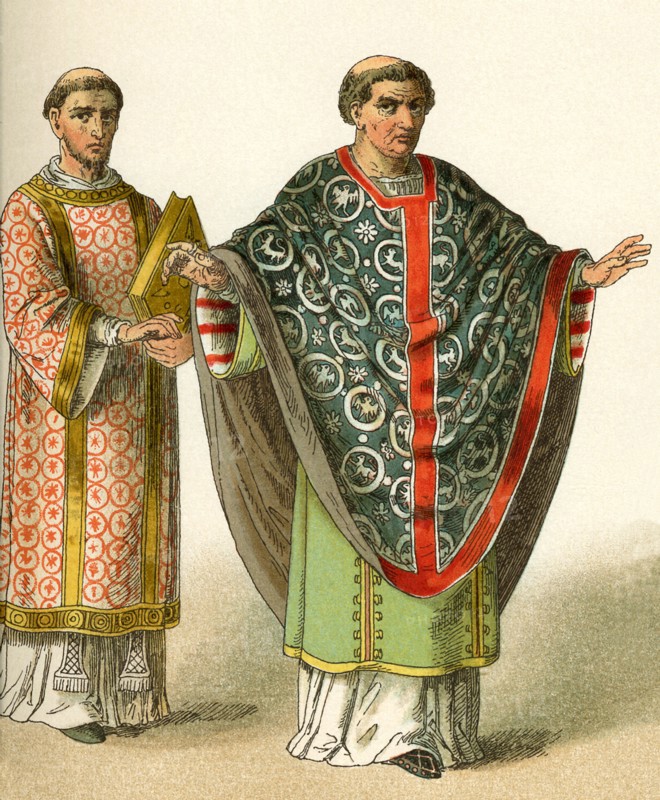 The costumes depicted here represent the garb worn around A.D. 900 by a deacon (left) and a bishop in France.