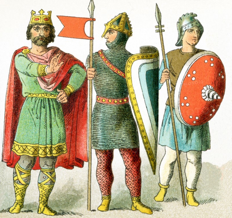 In this 1882 illustration are pictured a French king and two French soldiers‚Äîdating to around A.D. 900.