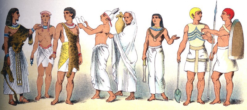 The figures of ancient Egyptians represented here, from left to right, are six priests and two warriors.