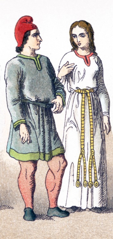 The figures depicted here show two French commoners, a man and a woman, in the year A.D. 1000. The illustration dates to 1882.