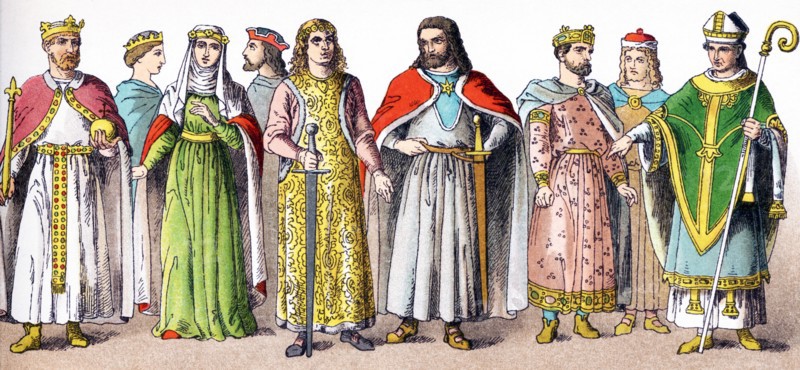 The figures here are Germans in A.D. 1100. The represent, from left to right: Emperor Frederick I (Barbarossa) (1190), princess, consort of Henry the Lion, three noblemen, a king, a nobleman, and a bishop. The Illustration dates to 1882. .