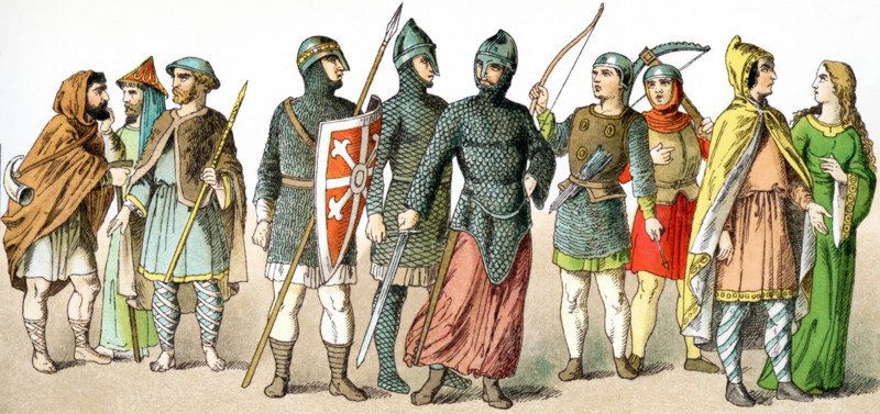 The figures represented here are Normans between A.D. 1000 and 1100. They are, from left to right: herdsman, man of rank, pilgrim, five warrors, man of rank, lady of rank. The illustration dates to 1882.