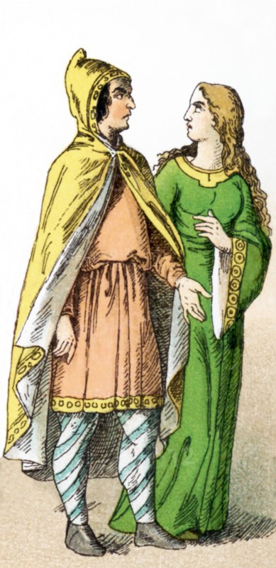 The figures represented here are a Norman man of rank and a Norman lady of rank between A.D. 1000 and 1100. The Normans gave their name to the northwest region of France - Normandy. They were descendants of Viking conquerors of the area. The illustration dates to 1882.