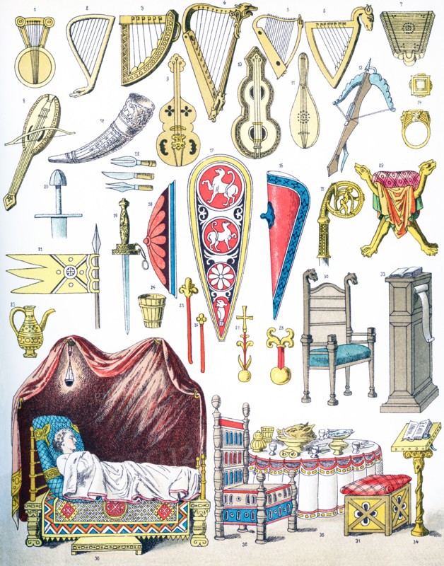 The artifacts pictured here date from 1000 to 1100 A.D. They are from left to right, top to bottom: (1-2) two musical instruments from 1000 A.D., (3-11) nine musical instruments from 1100 A.D., (12) horn, (13) Norman crossbow, (14) two views of a ring of a bishop, (15) crosier, (16-18) three shields, (19) dagger, (20) sword, (21) banner, (22) knife and forks, (23) pitcher, (24) bucket, (25-26) two Norman scepters, (27-28) two Norman imperial globes, (29-32) four seats, (33-34) two prayer desks, (35) table, (36) bed. The illustration dates to 1882.