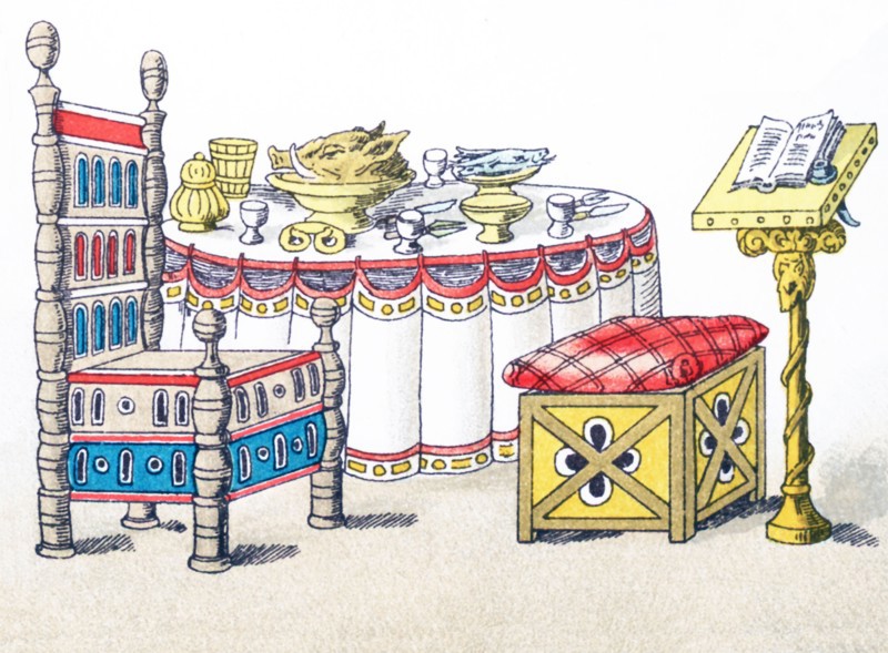 The artifacts pictured here date from 1000 to 1100 A.D. They are from left to right: chair. table set with boar's head in middle, stool, and prayer desk. The illustration dates to 1882.