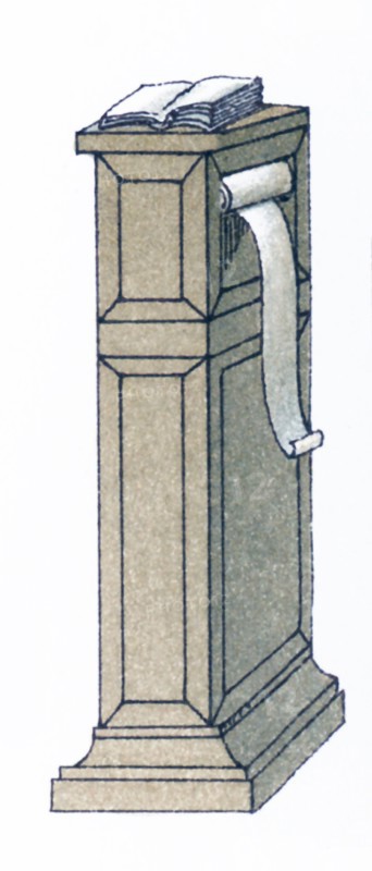 The prayer desk pictured here dates to between 1000 and 1100 A.D. The illustration dates to 1882.