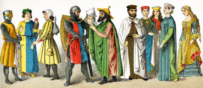 Pictured here are Germans from a variety of walks of life around 1700. They are, from left to right: knight, doctor, falconer, knight, two Jewish men, knight of the Teutonic Order, four ladies of rank. This illustration dates to 1882.