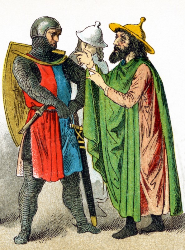 Pictured here are three Germans around 1700. They are, from left to right: a knight and two Jewish men. This illustration dates to 1882.
