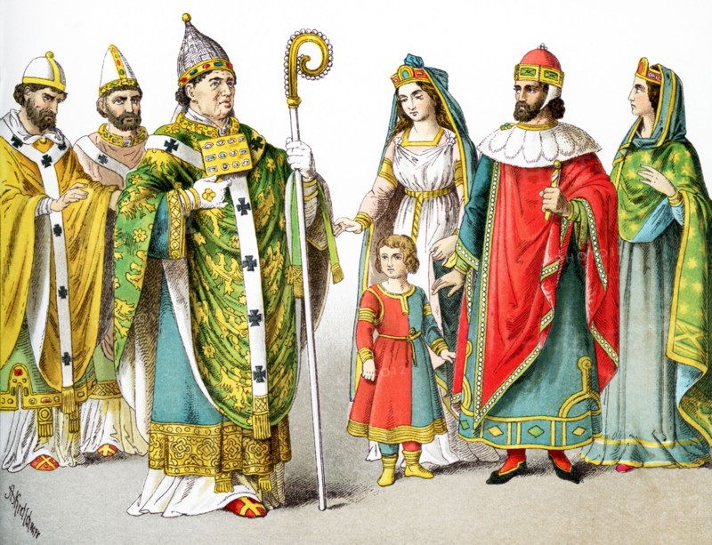 The figures pictured here represent Roman Catholic popes and Venetian nobles around A.D. 1200. They are, from left to right: pope in 1000, pope in 1100, pope in 1200, a Venetian lady of rank with a young boy, a doge of Venice, a Venetian lady of rank. The illustration dates to 1882.