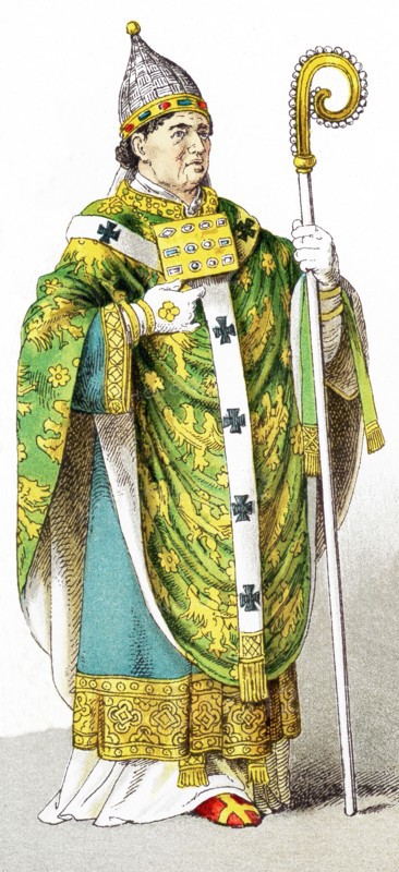 The figure represented here is a pope, leader of the Catholic Church with his base in the Vatican (an inde[pendent area within the country of Italy) in A.D. 1200.m This illustration dates to 1882.
