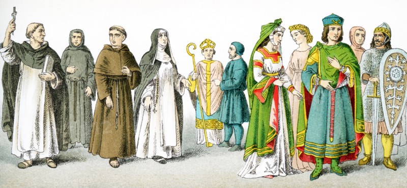 The figures pictured here represent Italians around A.D. 1200. They are, from left to right: Black friar (mendicant preacher), Austin friar (Augustinian order), Cordelier (Franciscan friar), Dominican sister, Cardinal legate, bishop in traveling costume, Venetian lady of rank, Italian lady of rank, Venetian of rank, commoner, and warrior. The illustration dates to 1882.